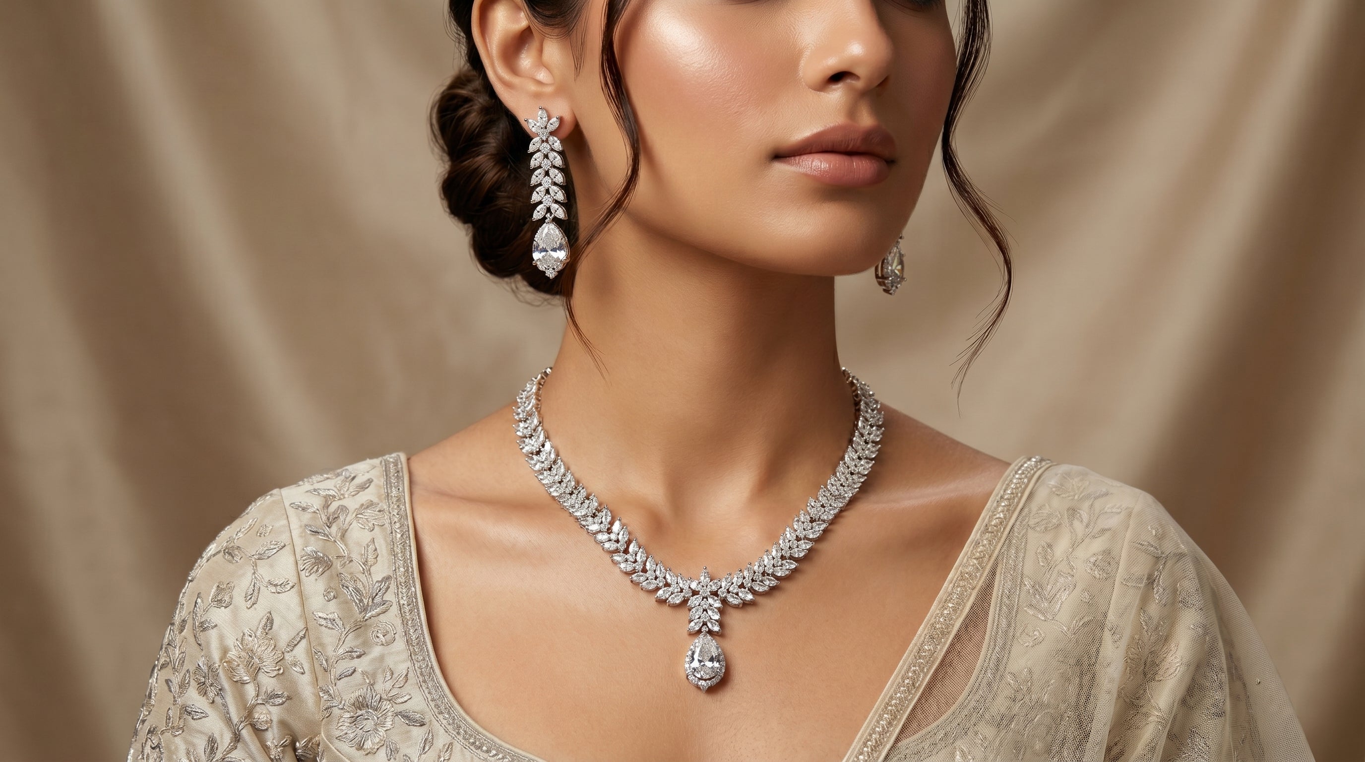 Silver Crystal Diamond Marquise Leaf Feather Necklace Set