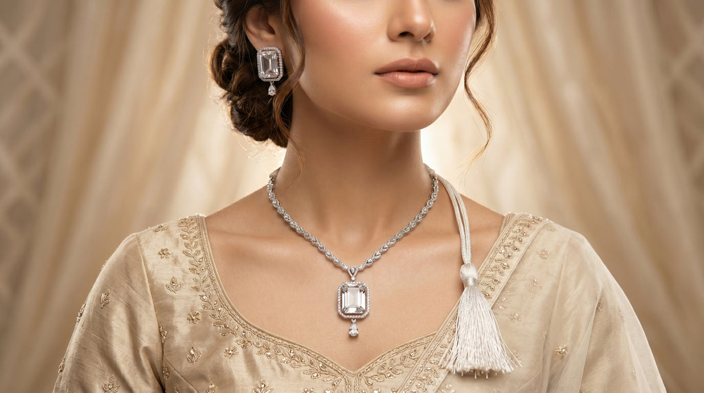 Silver Crystal Diamond Twisted Chain Necklace Set