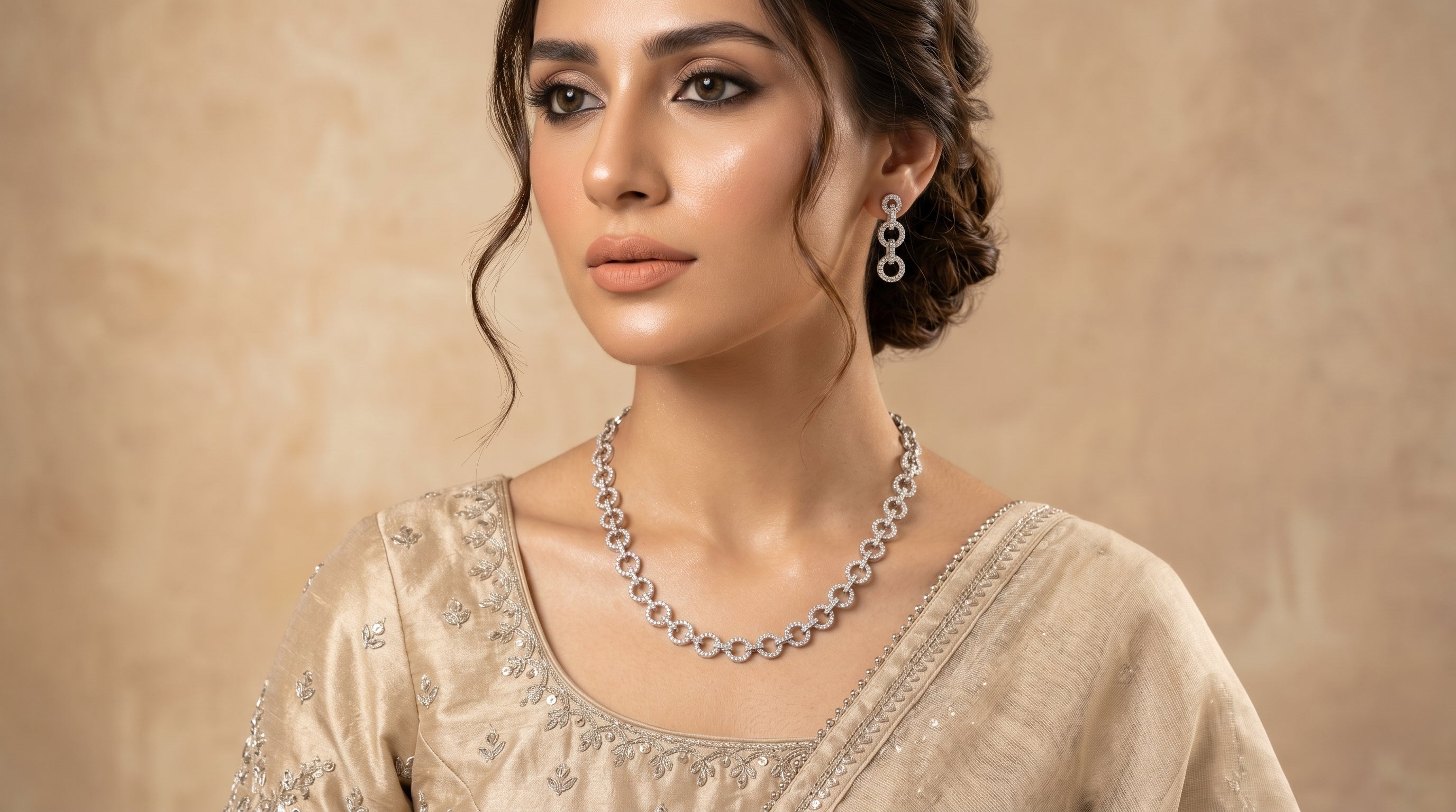 Silver Crystal Diamond Circle Link Chain Necklace Set