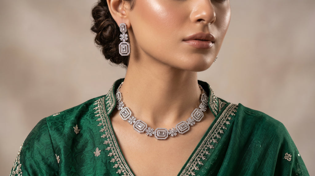 Silver Crystal Diamond Baguette Square Panel Choker Necklace Set