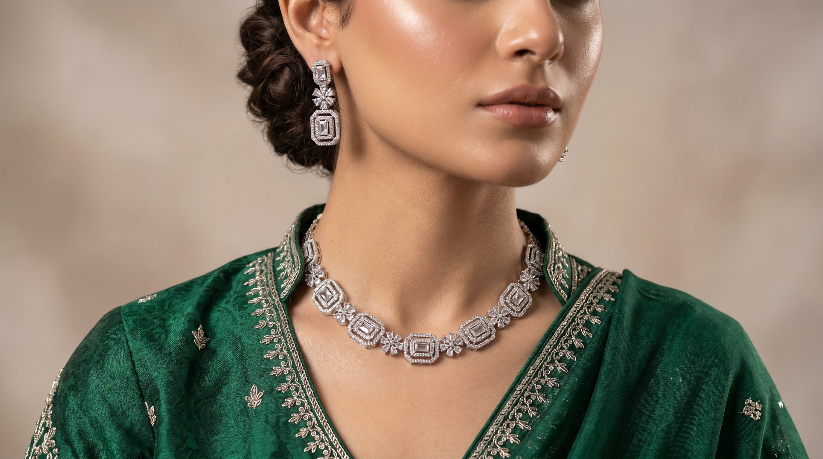 Silver Crystal Diamond Baguette Square Panel Choker Necklace Set