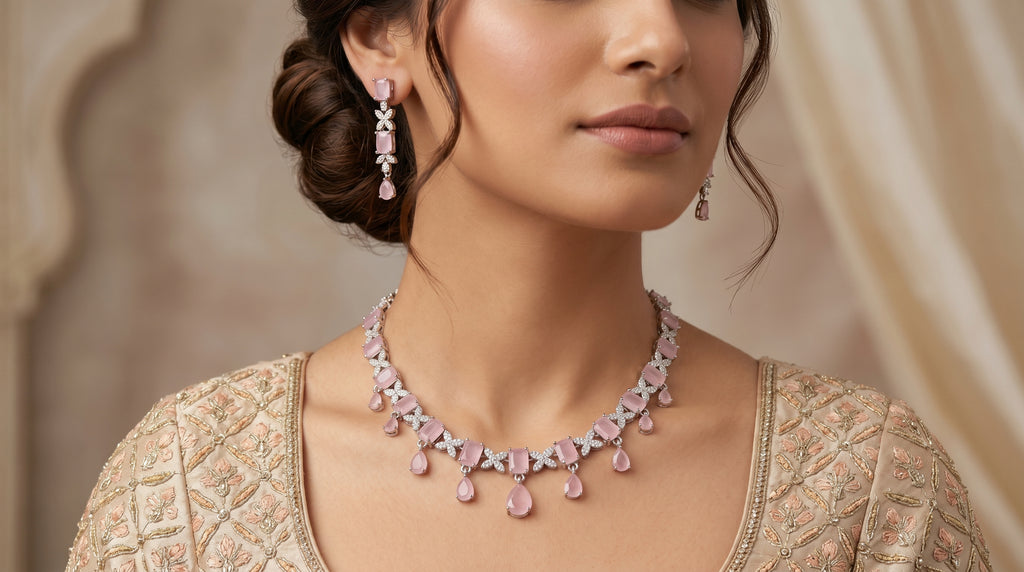 Rose Pink Opal & Crystal Diamond Butterfly Floral Necklace Set
