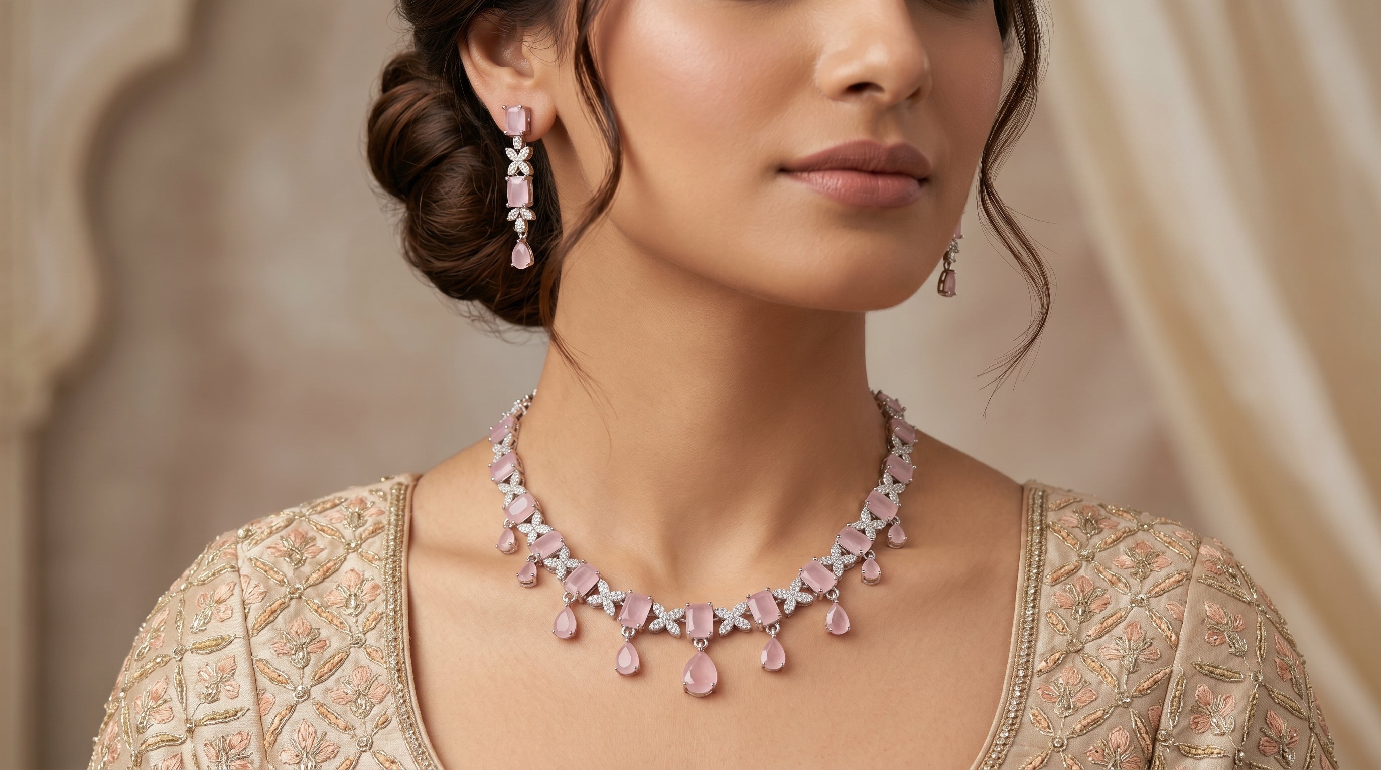 Rose Pink Opal & Crystal Diamond Butterfly Floral Necklace Set