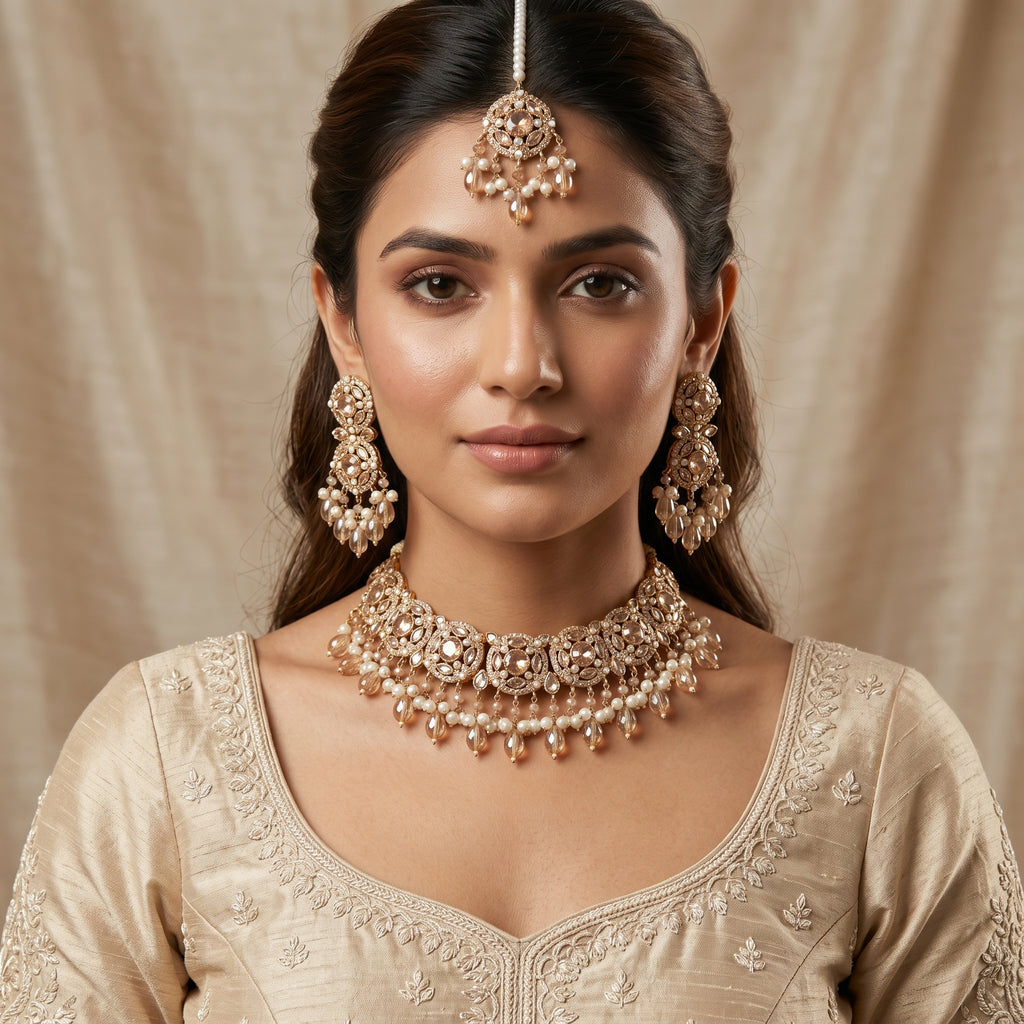 Gold Floral Choker & Emerald Bead Jhumka Bridal Set — Pakistani bridal jewellery set by Jashan Jewels Pakistan