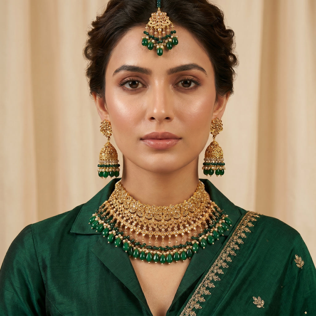 Royal Polki & Emerald Stone Choker Bridal Set — Pakistani bridal jewellery set by Jashan Jewels Pakistan