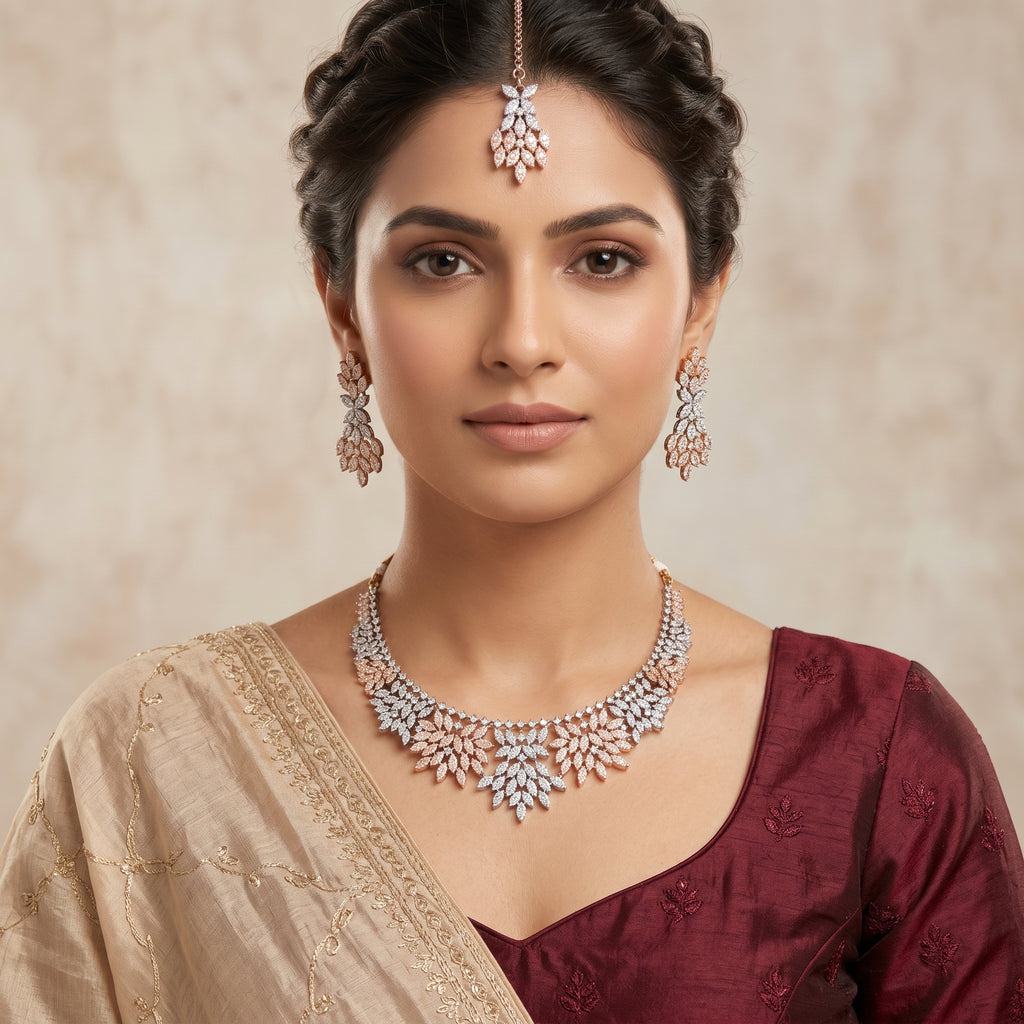Two-Tone CZ Marquise Leaf Necklace Set