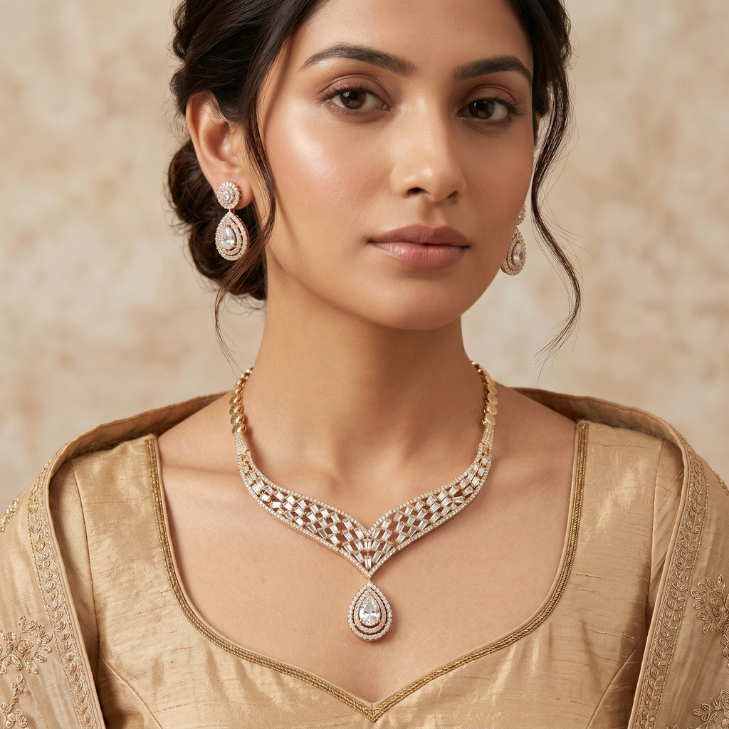Gold CZ Lattice Teardrop Necklace Set