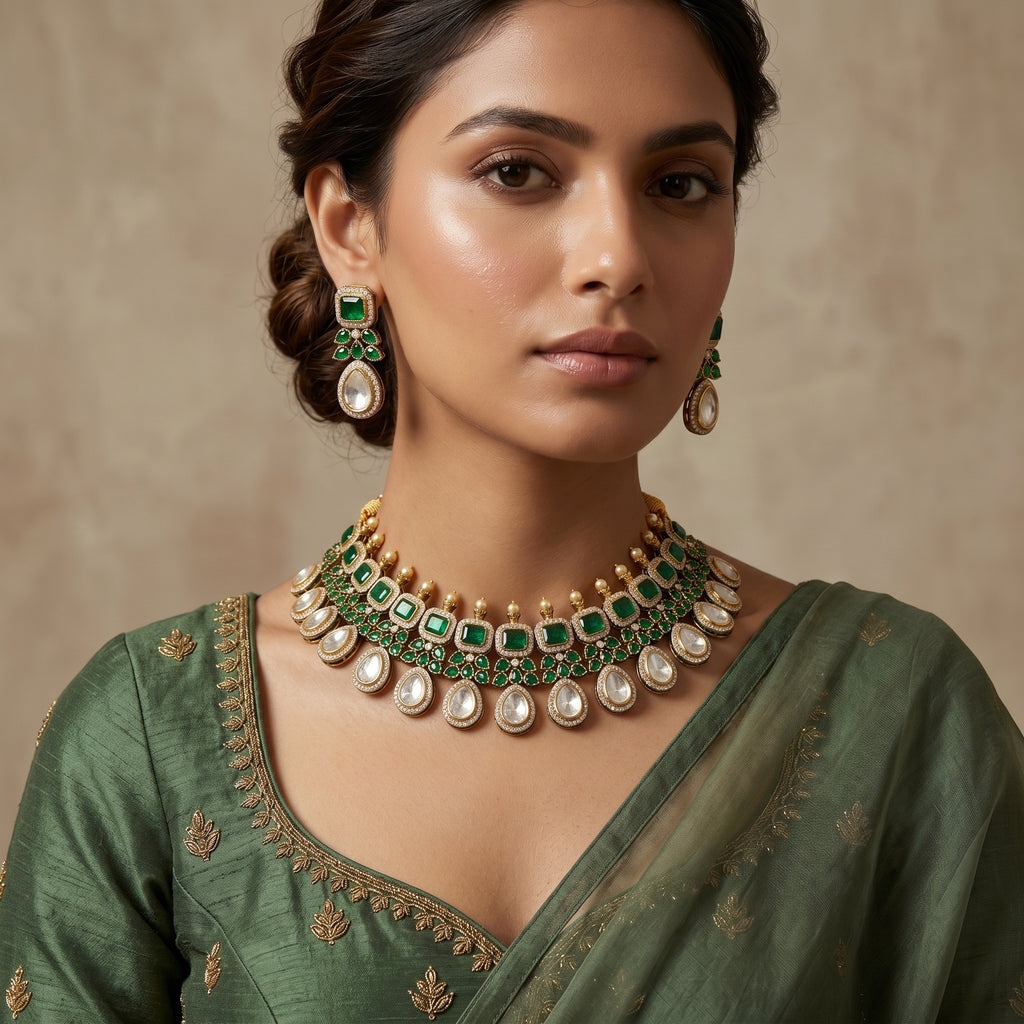 Emerald & Polki Square Stone Choker Bridal Set
