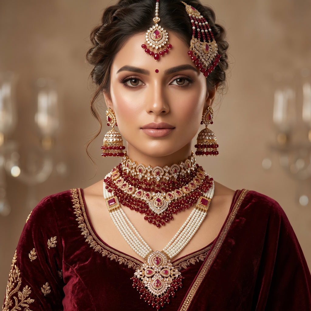 Crimson Kundan & Ruby Drop Necklace Bridal Set