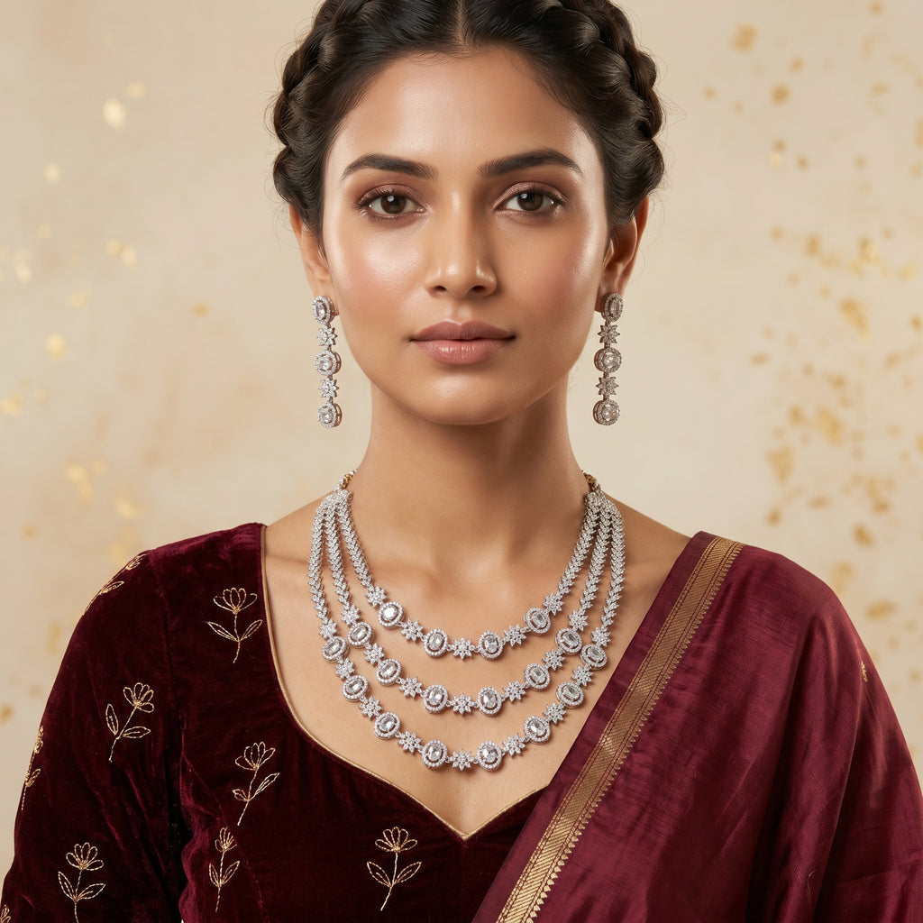 Silver CZ Triple-Layer Necklace Set