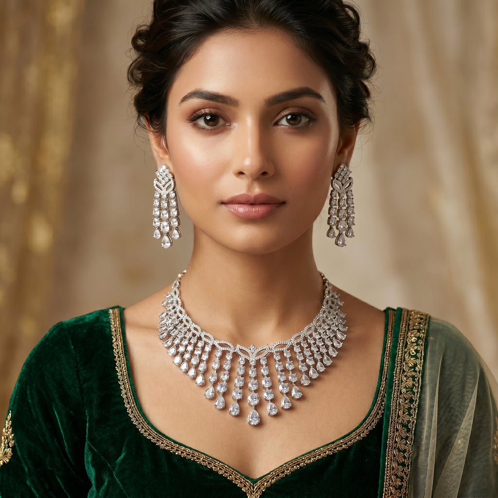 Silver CZ Fringe Teardrop Necklace Set