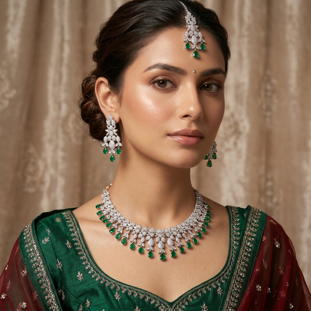 Silver CZ Diamond & Emerald Drop Bridal Set