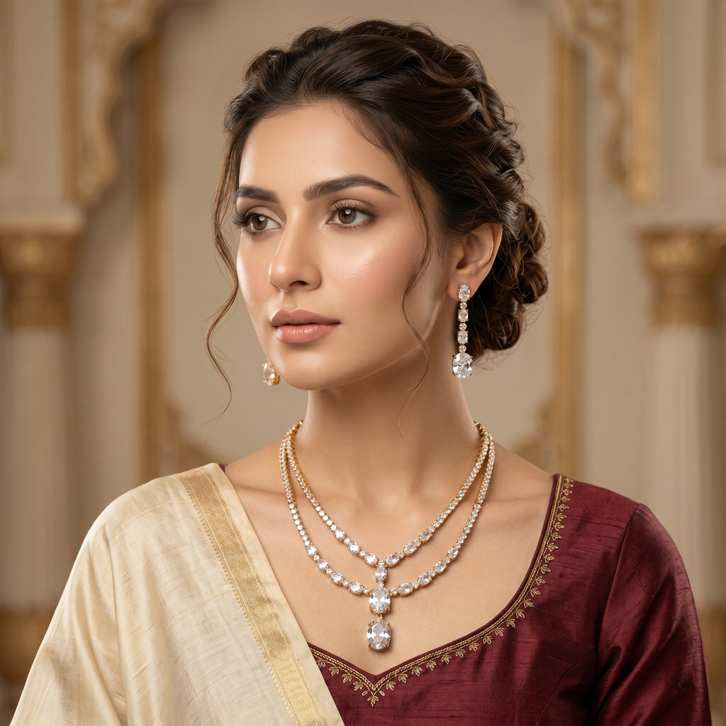 Gold Double Tennis Pendant Necklace Set