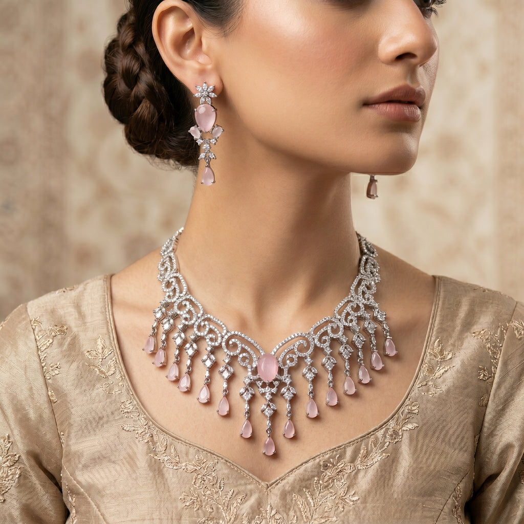 Silver CZ Rose Pink Scroll Necklace Set