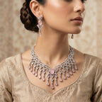 Silver CZ Rose Pink Scroll Necklace Set