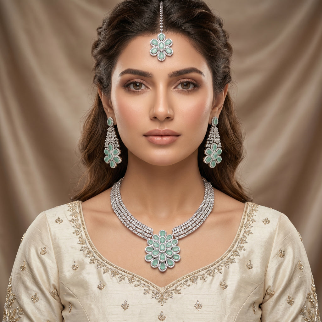 Silver CZ Mint Green Floral Necklace Set
