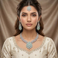 Silver CZ & Mint Green Floral Pendant Necklace Set