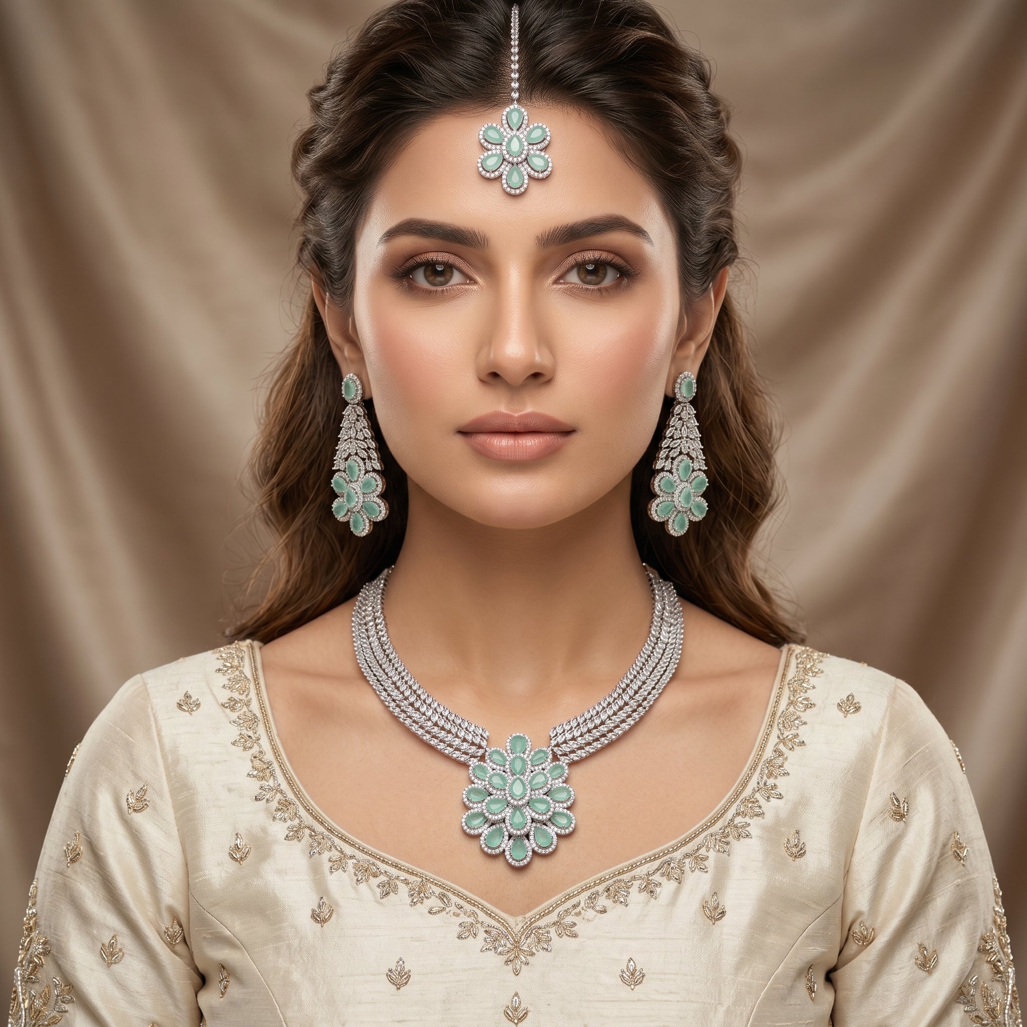 Silver CZ & Mint Green Floral Pendant Necklace Set