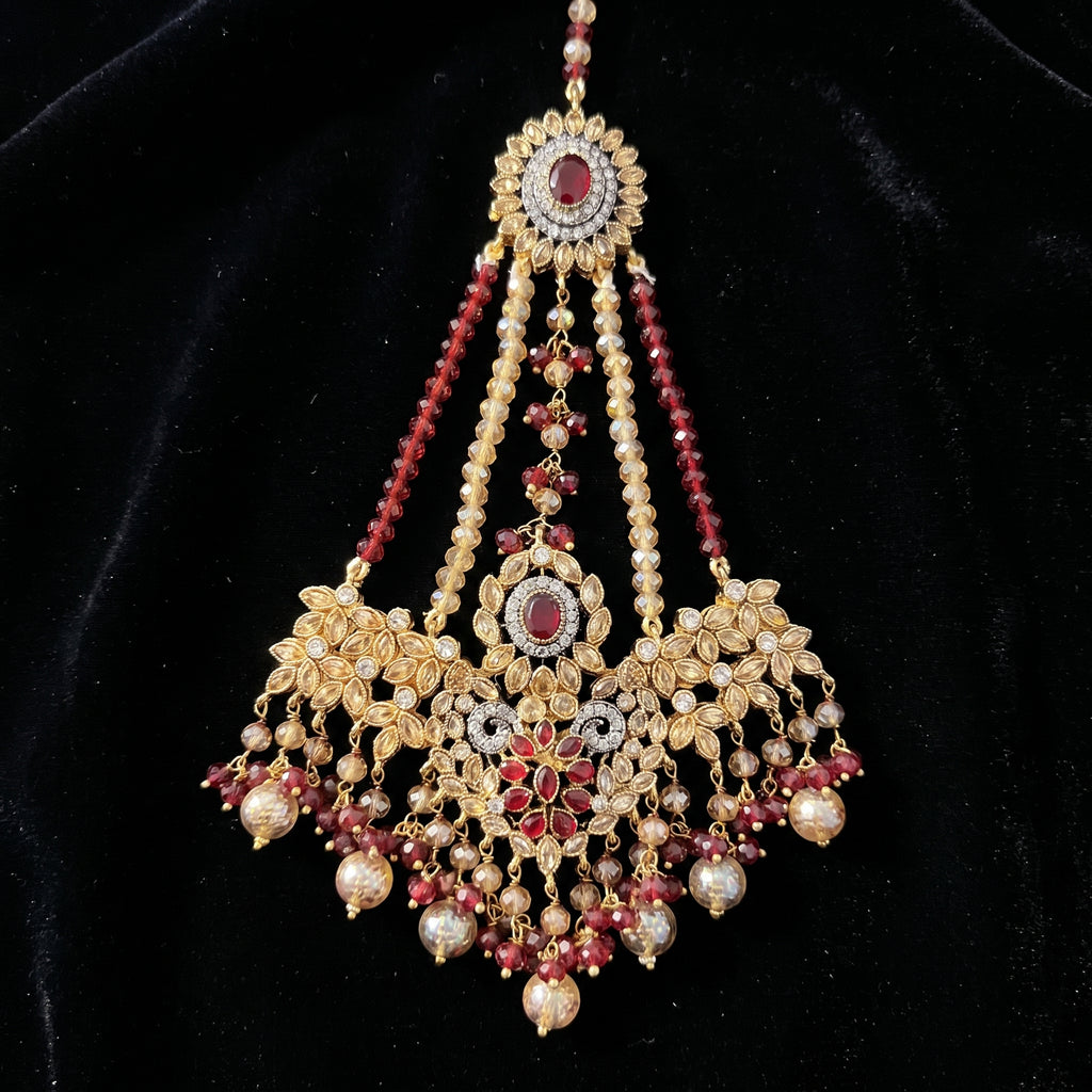 Maroon Ruby Halo Bridal Set with Jhoomar