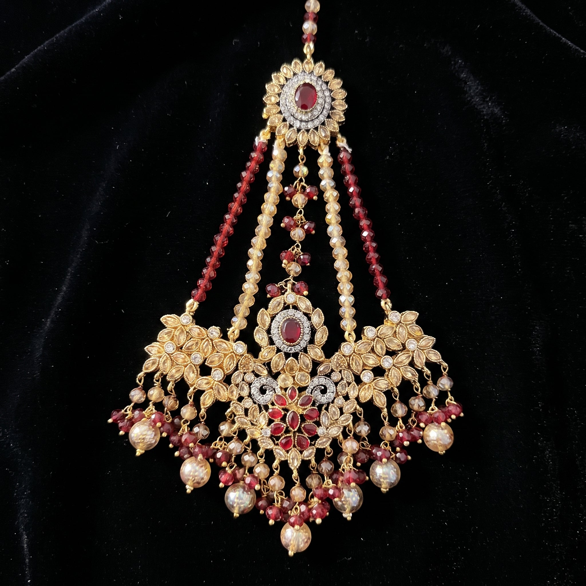 Maroon Ruby Halo Bridal Set with Jhoomar