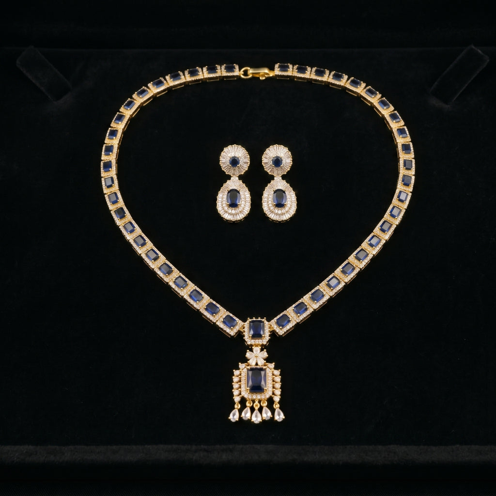 Royal Blue Sapphire & Diamond Baguette Necklace Set close-up detail — artificial necklace set by Jashan Jewels