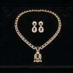 Royal Blue Sapphire & Diamond Baguette Necklace Set close-up detail — artificial necklace set by Jashan Jewels
