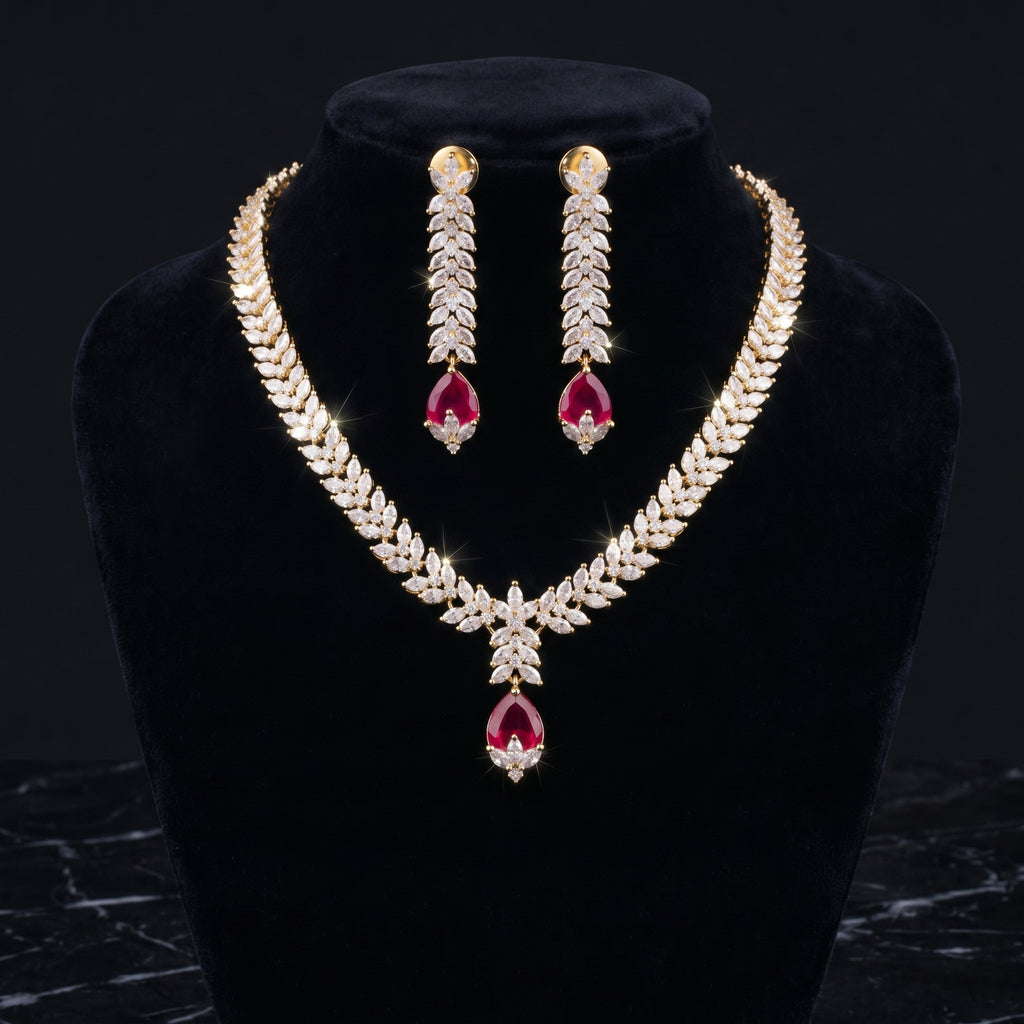 Ruby & Diamond Marquise Leaf Necklace Set close-up detail — artificial necklace set by Jashan Jewels