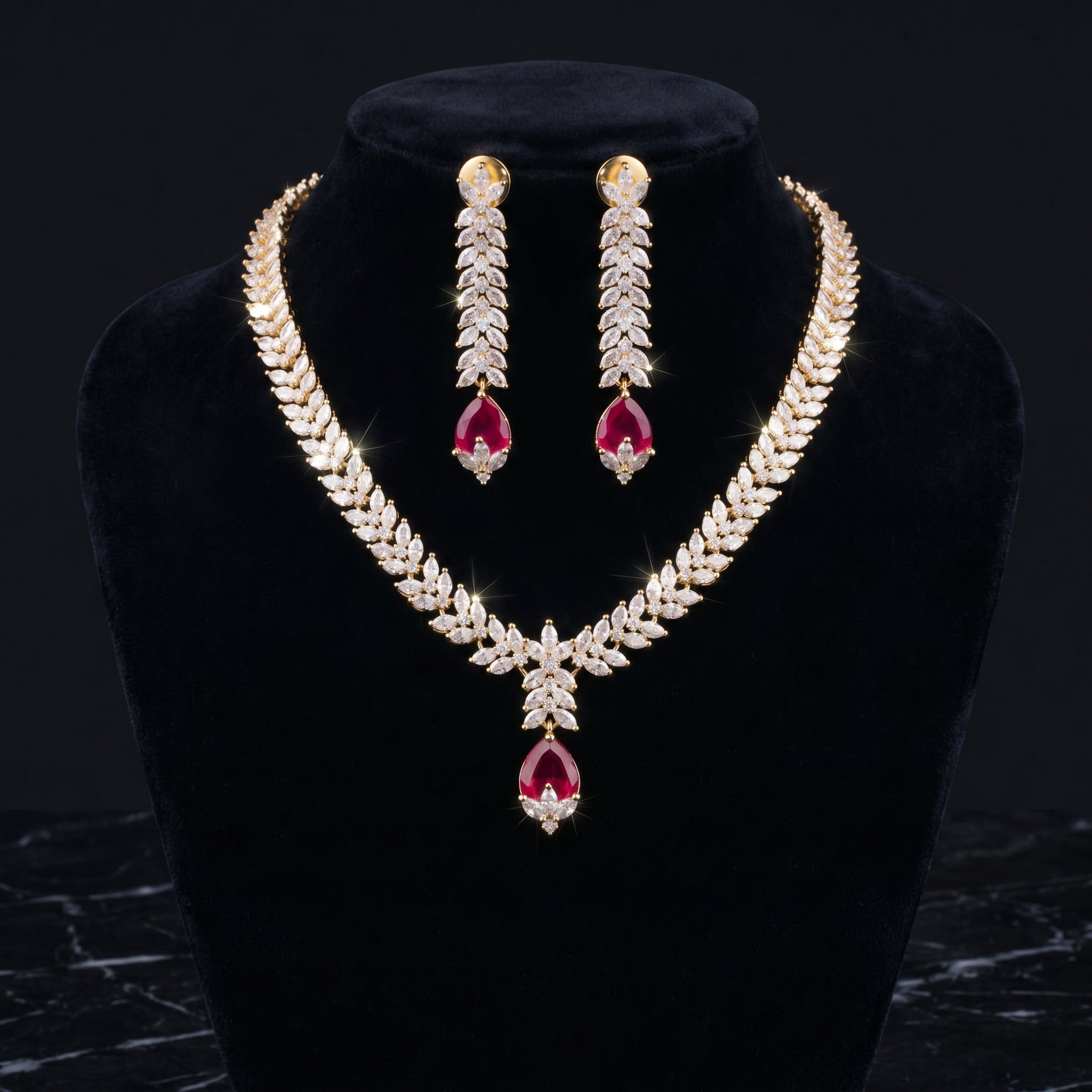 Ruby & Diamond Marquise Leaf Necklace Set