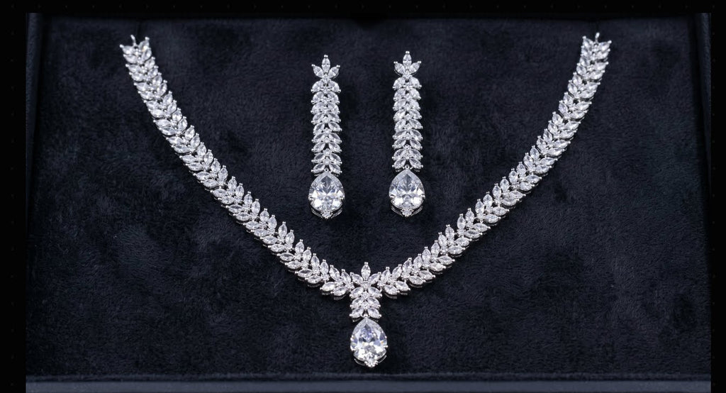 Silver Crystal Diamond Marquise Leaf Feather Necklace Set close-up detail — artificial necklace set by Jashan Jewels
