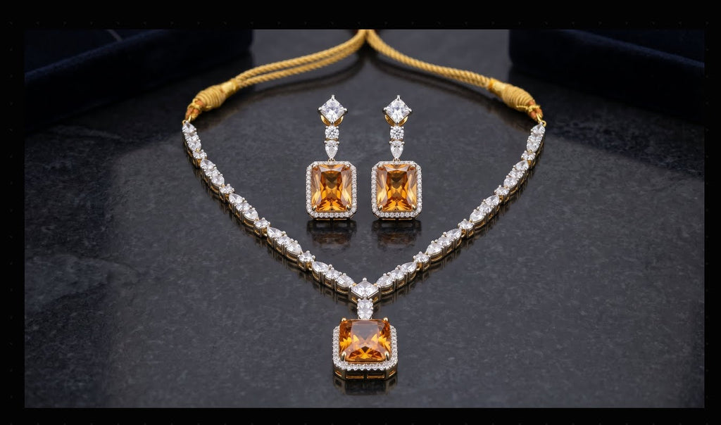 Champagne Morganite & Crystal Diamond Tennis Necklace Set close-up detail — artificial necklace set by Jashan Jewels