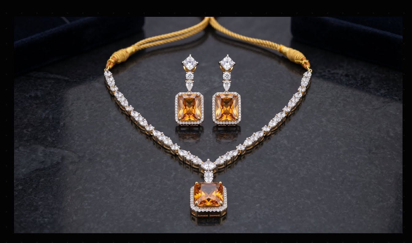 Champagne Morganite & Crystal Diamond Tennis Necklace Set