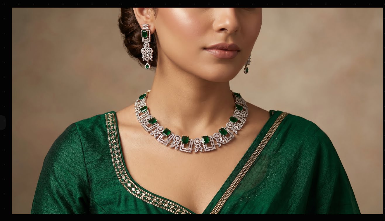 Emerald & Crystal Diamond Geometric Panel Choker Necklace Set