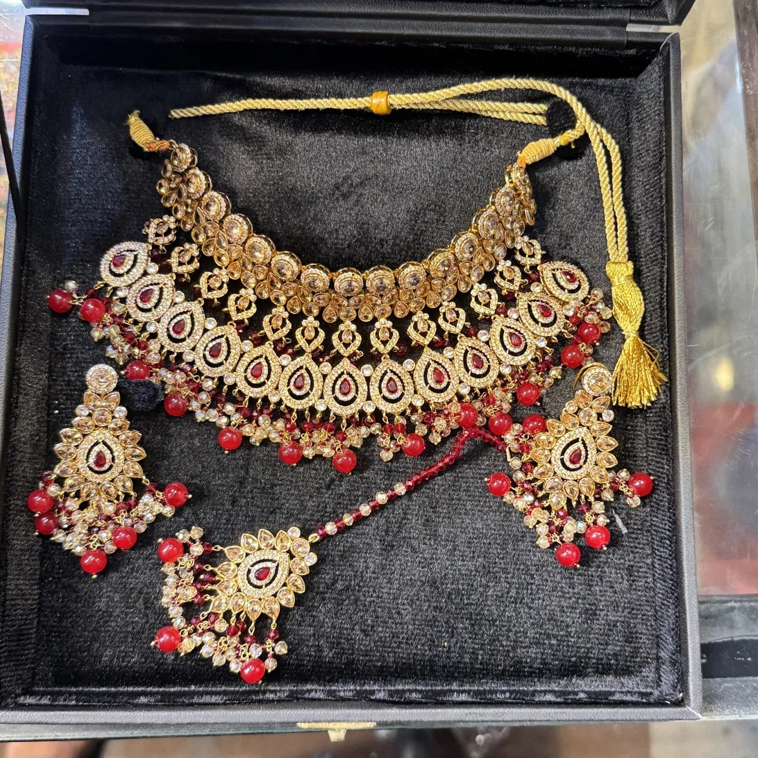 Scarlet Red Teardrop Chandbali Bridal Set with Jhoomar