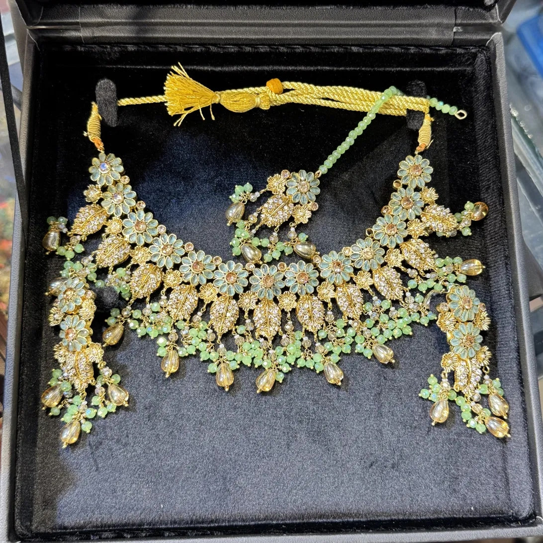 Pistachio Green Enamel Floral Bridal Set