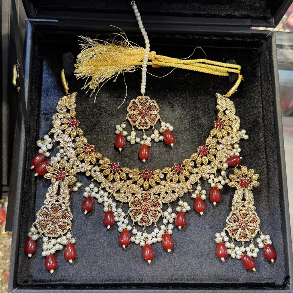 Ruby Rosette & Pearl Bridal Set with Jhoomar