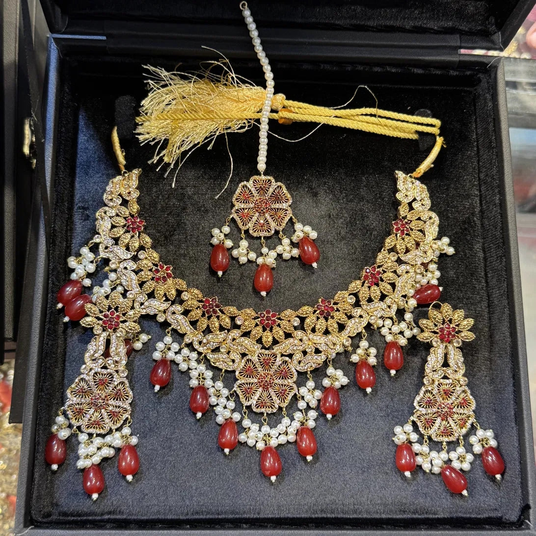 Ruby Rosette & Pearl Bridal Set with Jhoomar