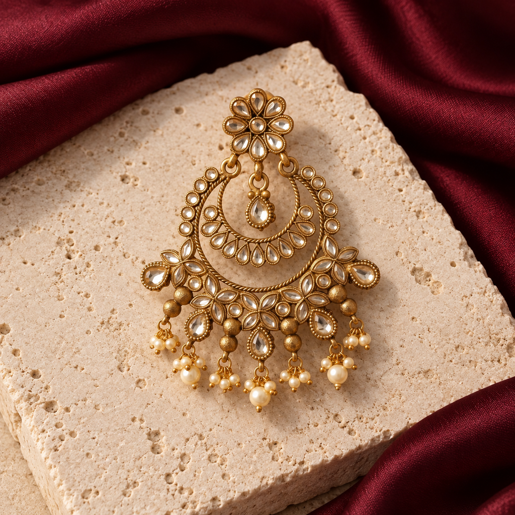 Kundan Chandbali earring with pearl drops — studio view