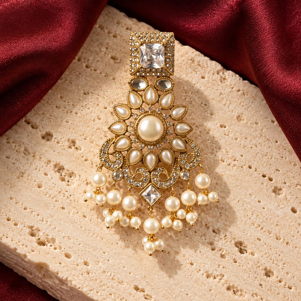 Jewellery styled on ivory travertine with burgundy silk
