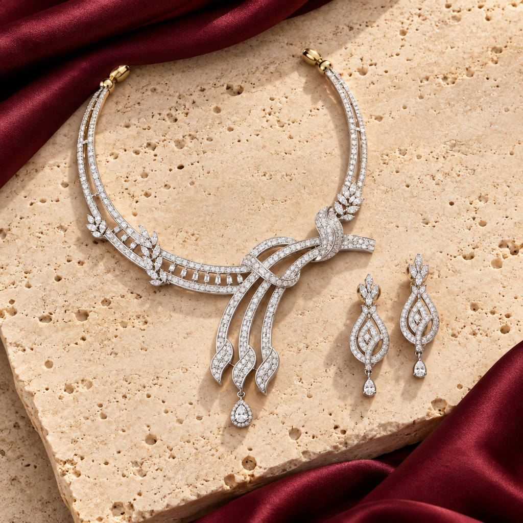Jewellery styled on ivory travertine with burgundy silk