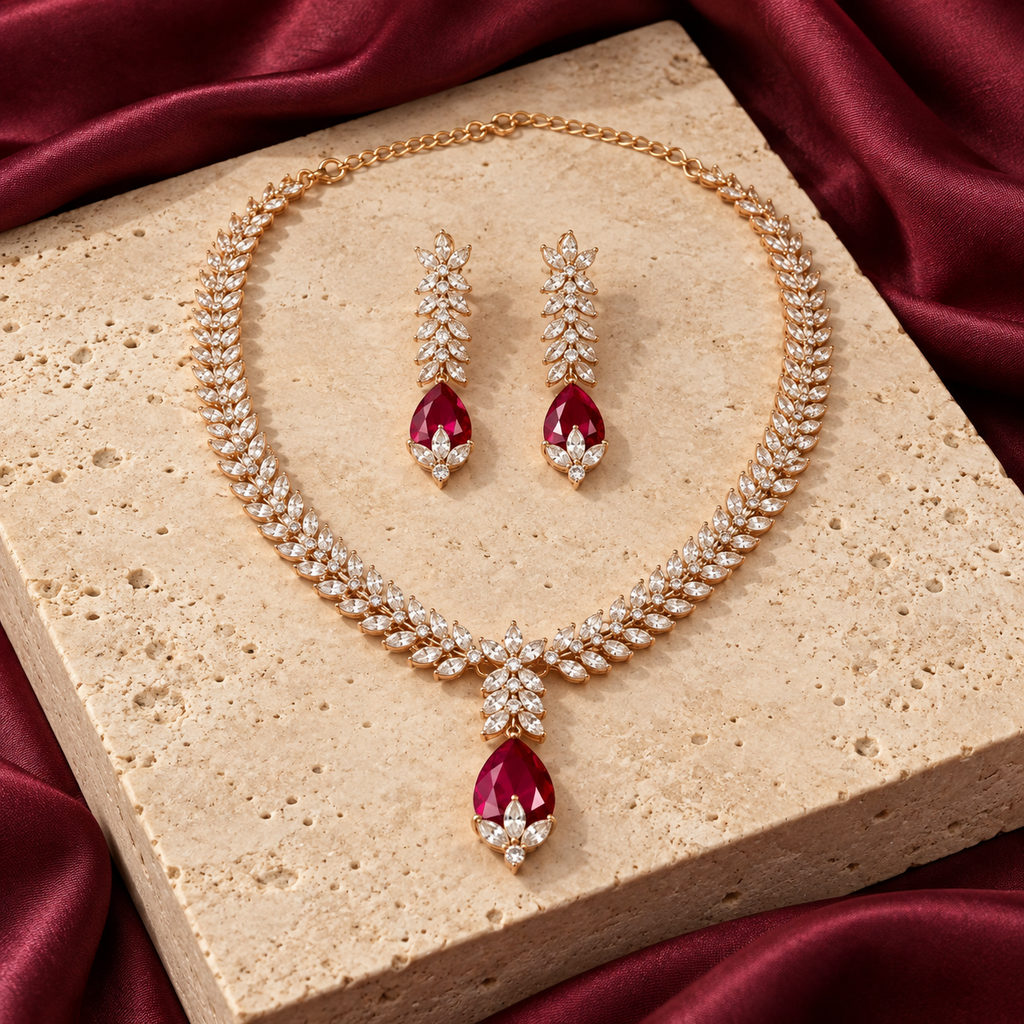 Ruby marquise necklace and earrings styled on ivory stone with burgundy silk