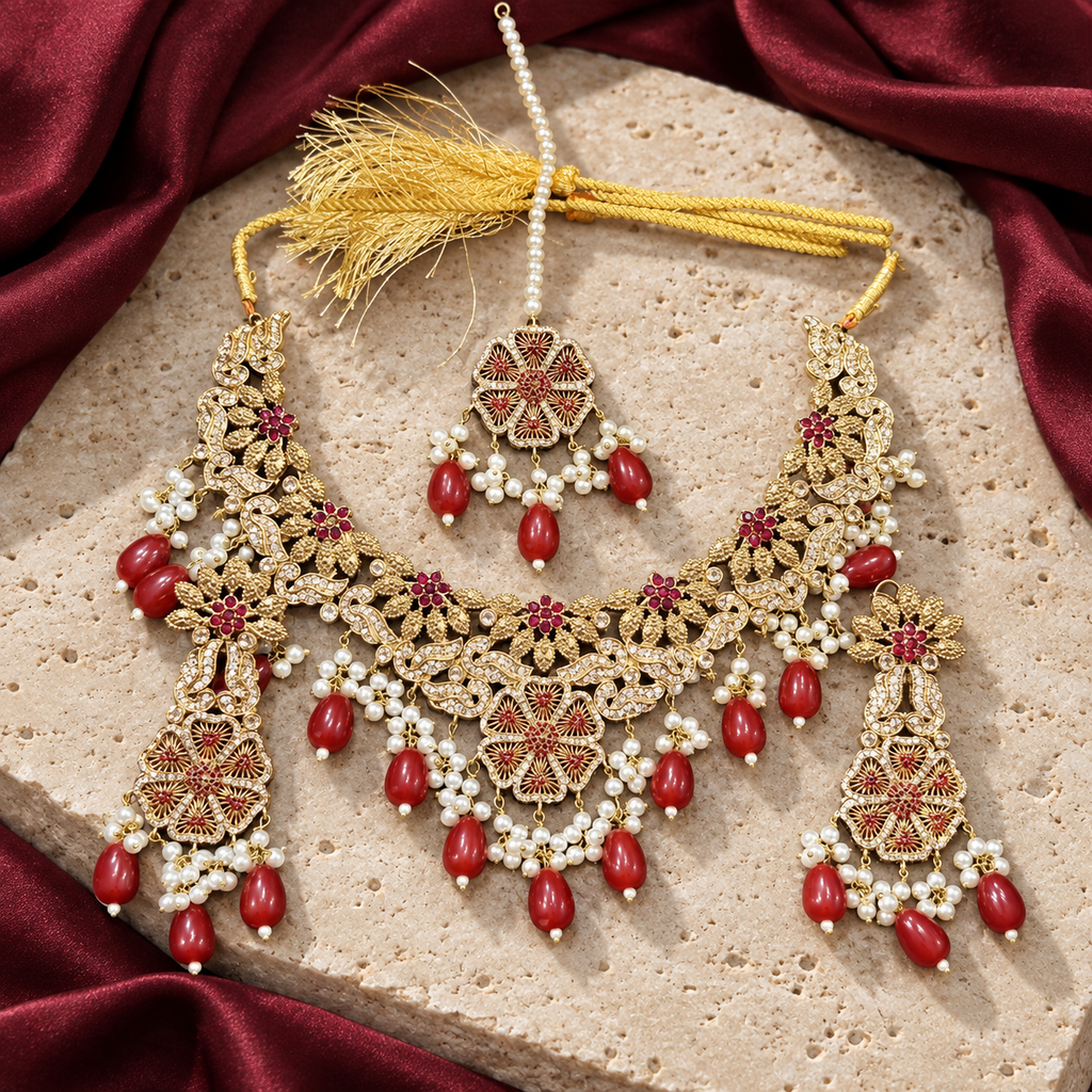 Jewellery styled on ivory travertine with burgundy silk