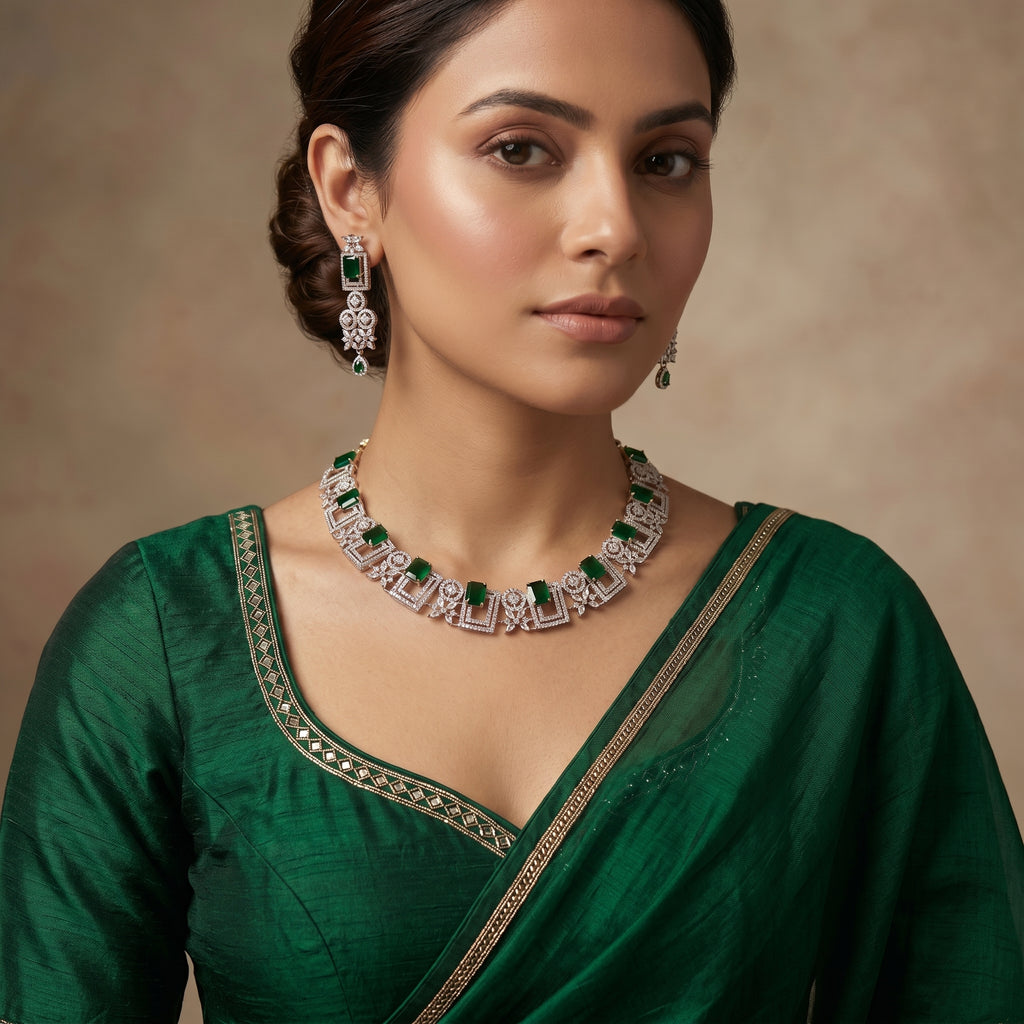 Emerald Diamond Geometric Choker Necklace Set
