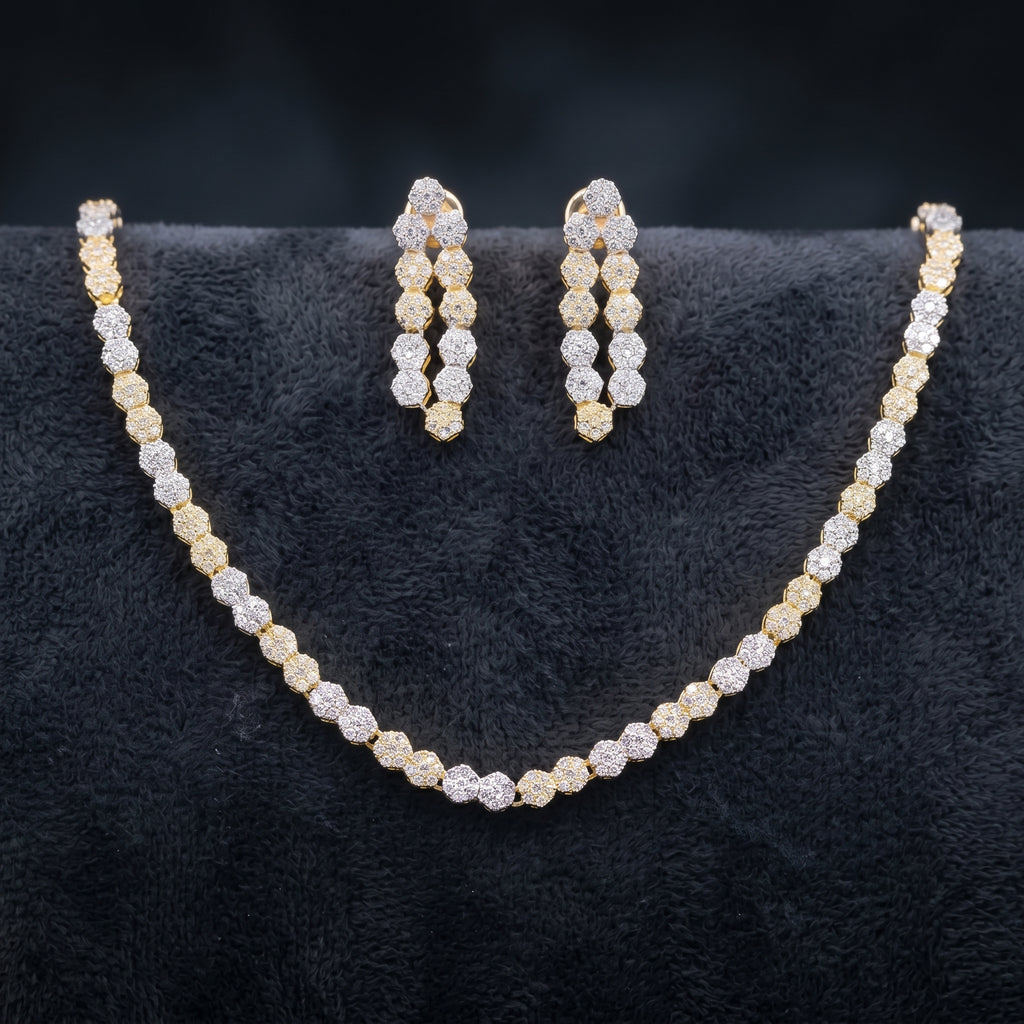 Two-Tone Diamond Floral Cluster Chain Necklace Set close-up detail — artificial necklace set by Jashan Jewels