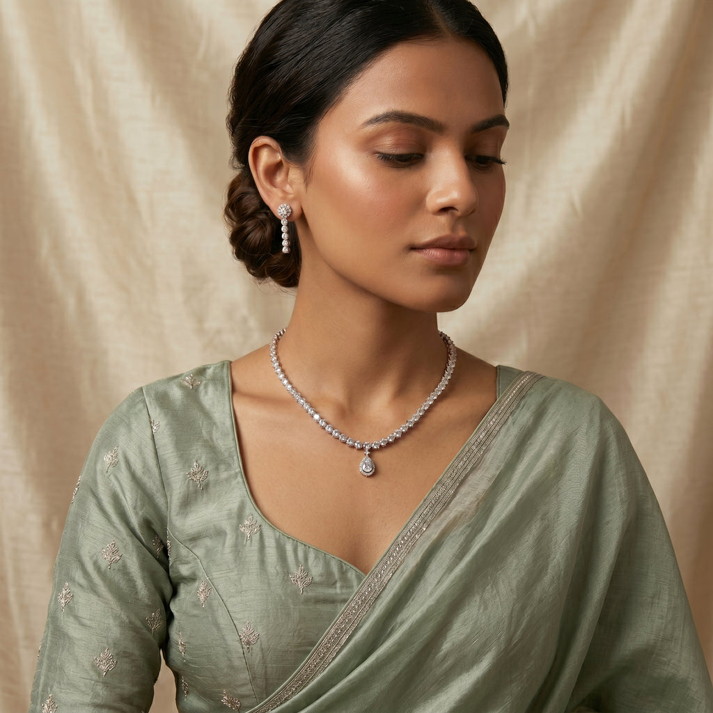 Silver Crystal Diamond Tennis Necklace Set — artificial necklace set by Jashan Jewels Pakistan