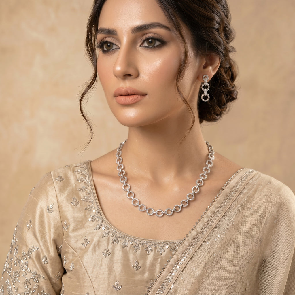 Silver Crystal Diamond Circle Link Chain Necklace Set — artificial necklace set by Jashan Jewels Pakistan