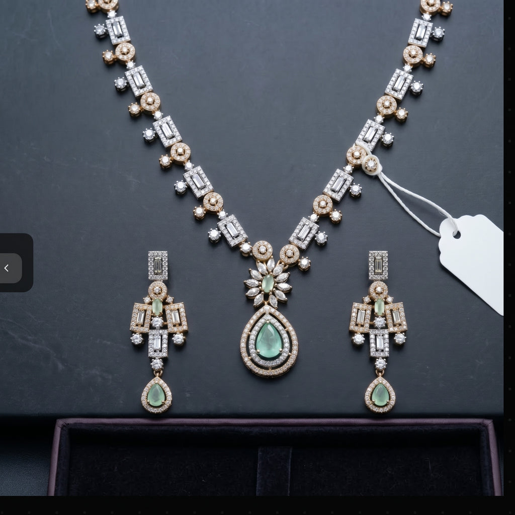 Mint Green & Crystal Diamond Two-Tone Geometric Baguette Necklace Set close-up detail — artificial necklace set by Jashan Jewels