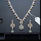 Mint Green & Crystal Diamond Two-Tone Geometric Baguette Necklace Set close-up detail — artificial necklace set by Jashan Jewels