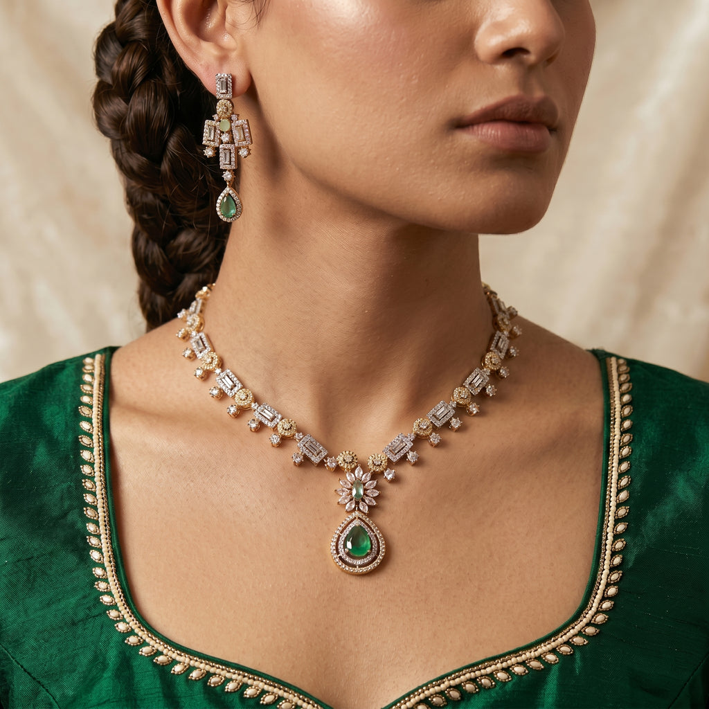 Mint Green & Crystal Diamond Two-Tone Geometric Baguette Necklace Set — artificial necklace set by Jashan Jewels Pakistan
