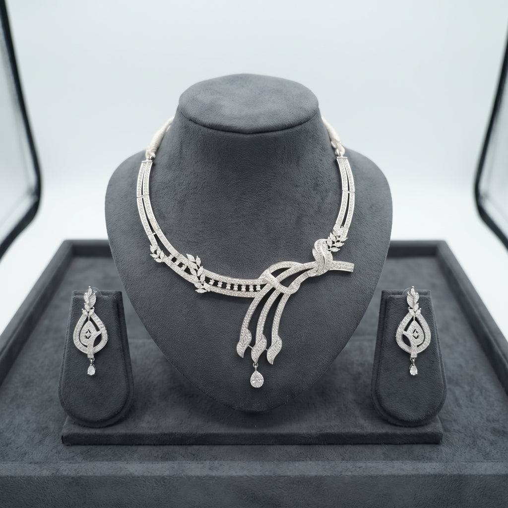 Luxury CZ Diamond Style Twisted Knot Necklace Set close-up detail — artificial necklace set by Jashan Jewels