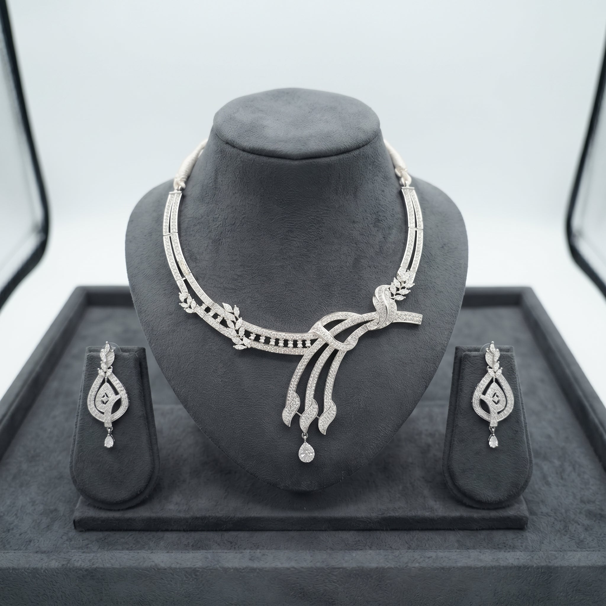 Luxury CZ Diamond Style Twisted Knot Necklace Set close-up detail — artificial necklace set by Jashan Jewels